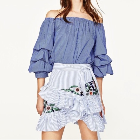 Zara Dresses & Skirts - NWT Zara Embroidered Floral Striped Ruffle Tiered Tie Waist Mini Skirt Size Sm